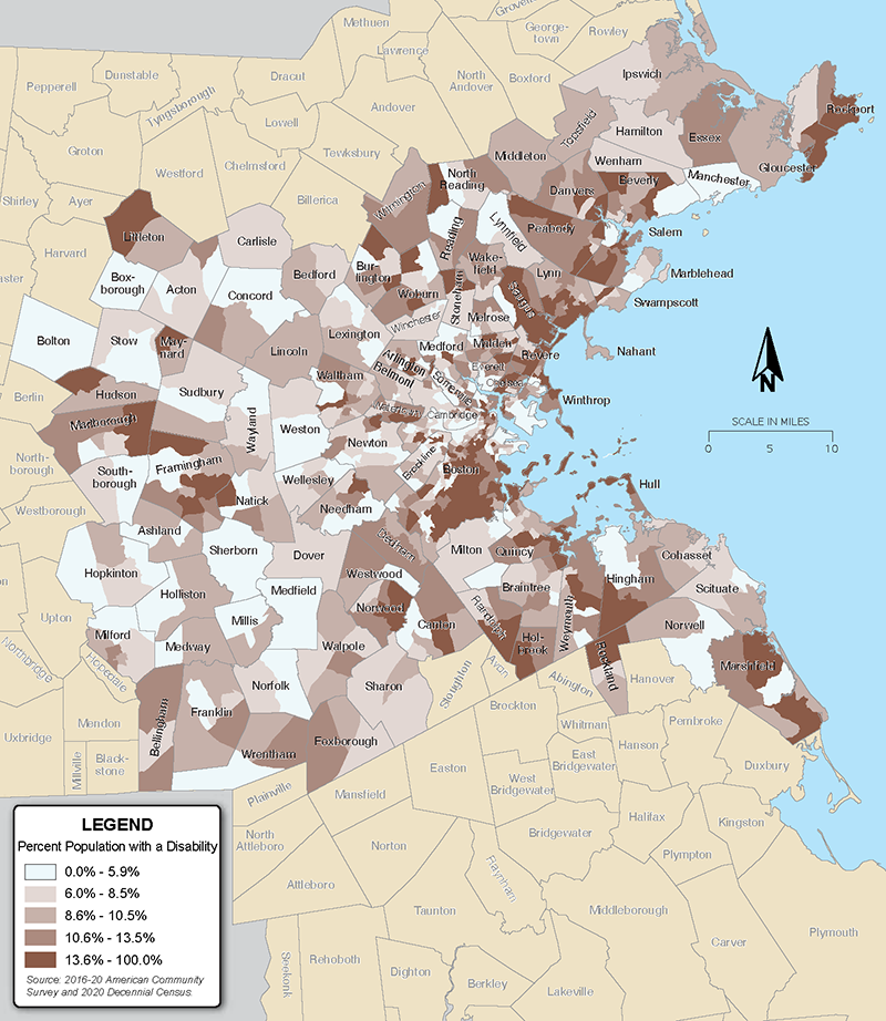 Figure 5 is a map that shows the percent of the population that has a disability in Boston region communities.